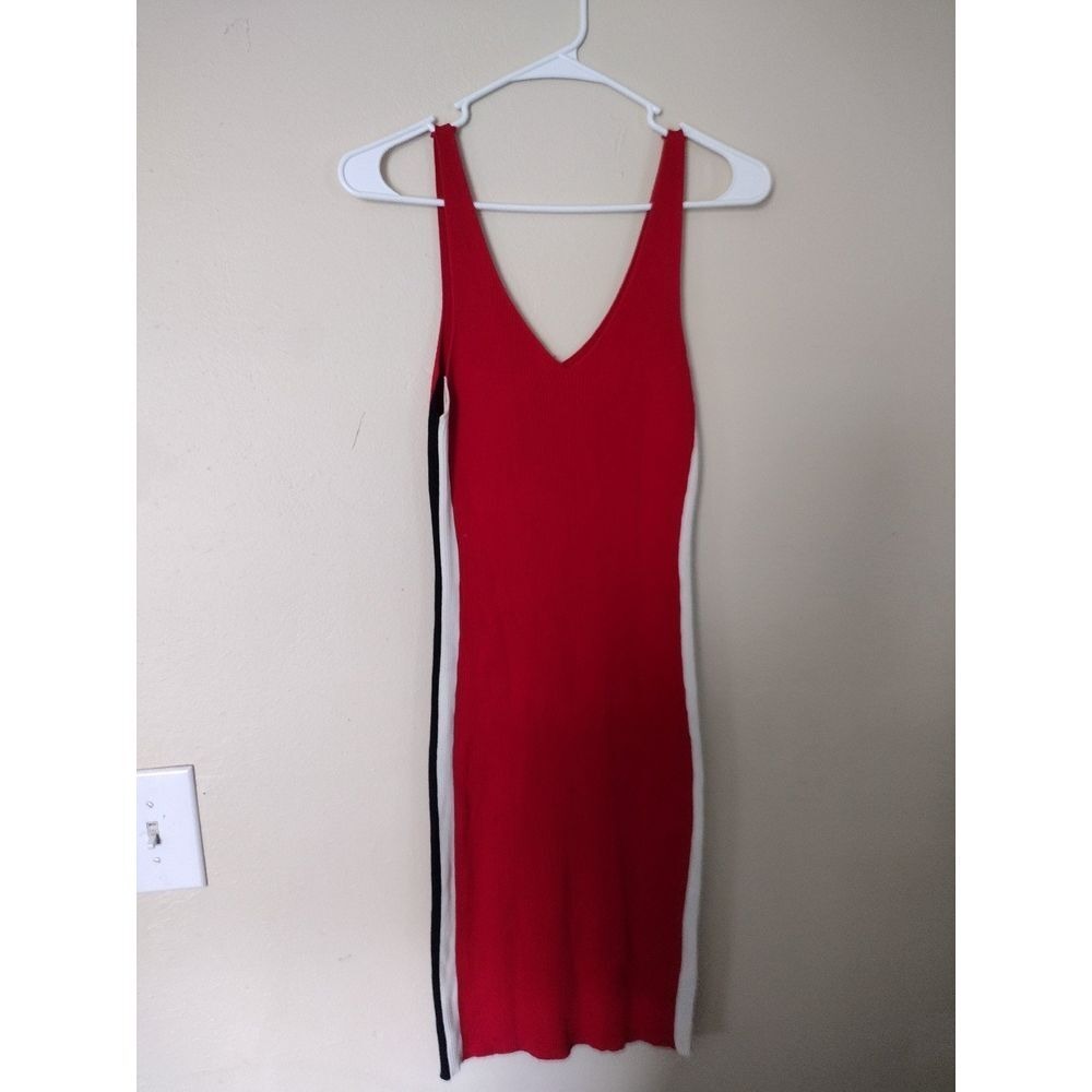 Love Tree Red‎ V Neck Ribbed Bodycon Dress with Side Stripes Size L